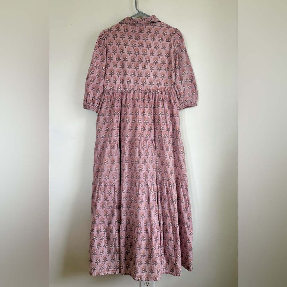 Victoria Dunn Hand Block Printed Tiered Maxi Cotton Dress, Lined, Small, Pink - Picture 6 of 9